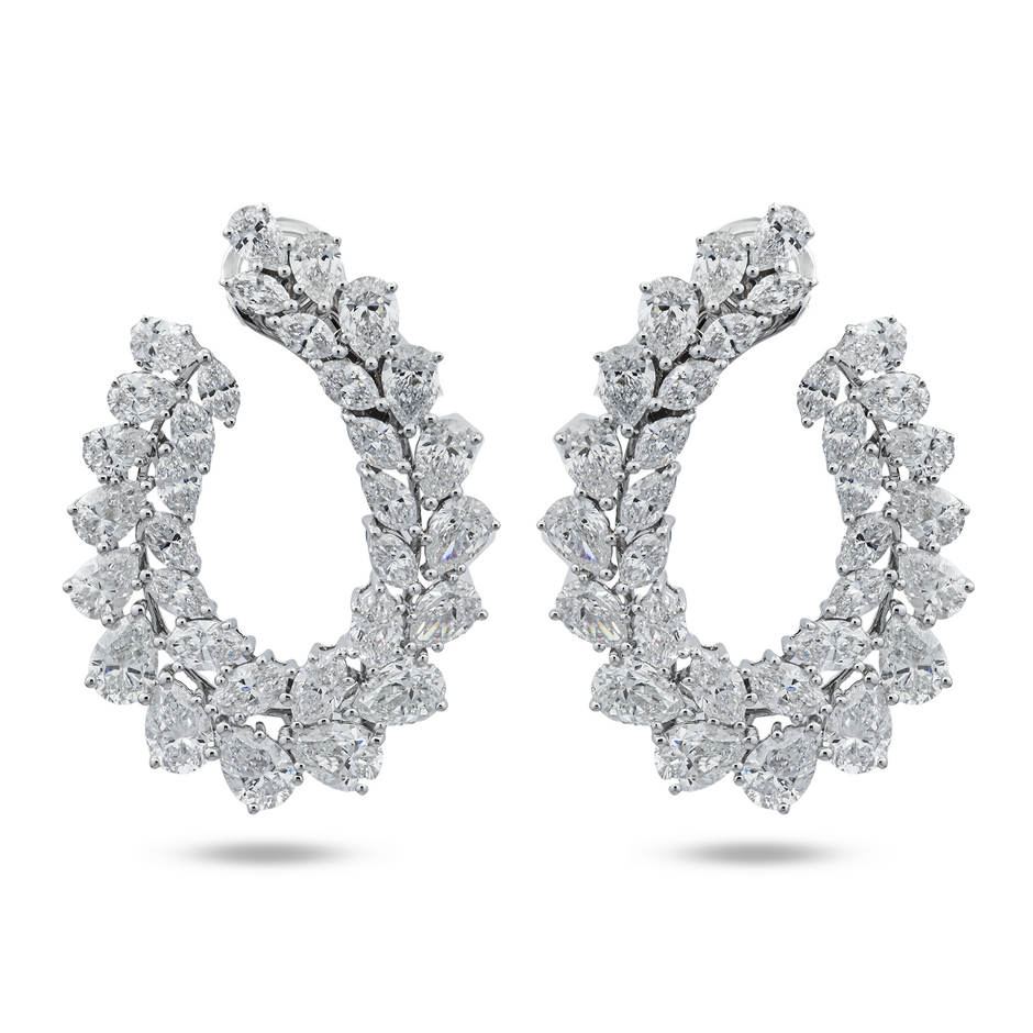 14K White Gold Marquise & Pear Diamond Open Hoop Earrings 14.78ctw