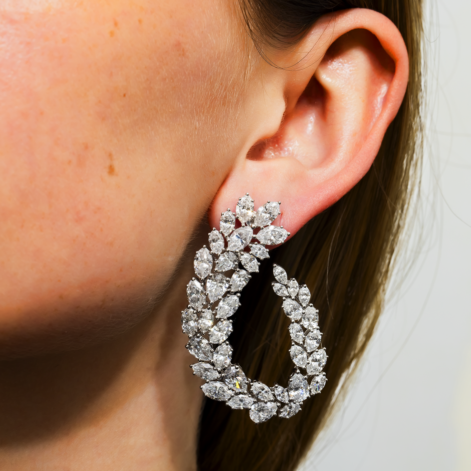 14K White Gold Marquise & Pear Diamond Open Hoop Earrings 14.78ctw