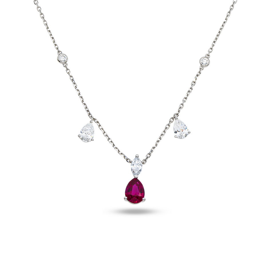 White Gold Pear Ruby & Diamond Necklace 1.86ctw