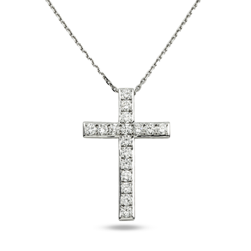 White Gold Round Diamond Cross Pendant & Chain Necklace 1.12ct
